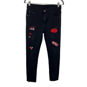 Fashion Denim Black 28 Jeans Cotton Flower Letters Embroidery Stretch Skinny Leg